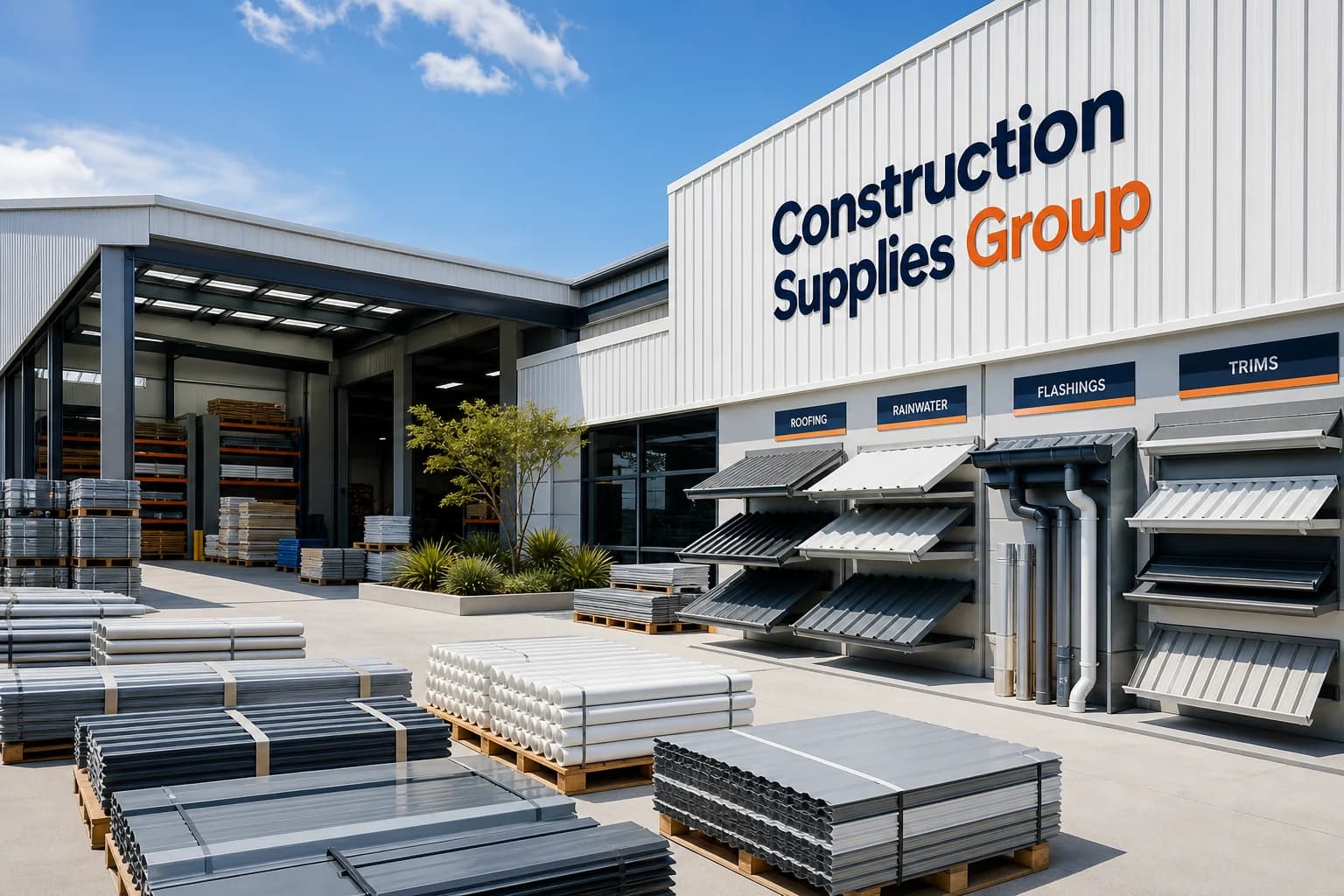 Construction Supplies Group trade supply yard with roofing, flashings and rainwater products