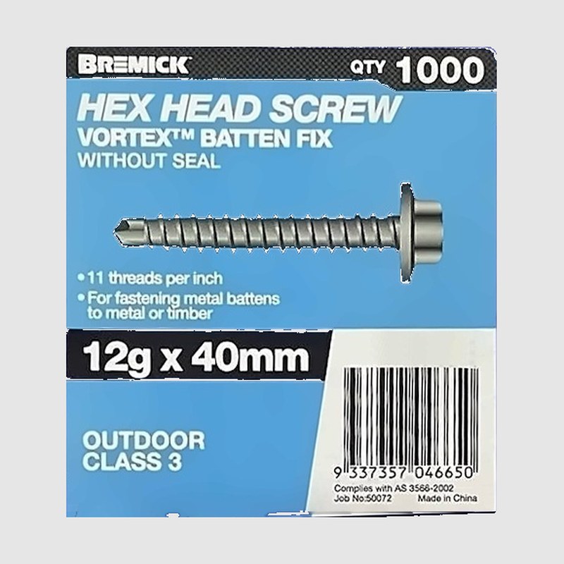 12-11x40 VORTEX HEX CL3 (Batten Zips) - QTY 1000, Screws - Construction Supplies Australia
