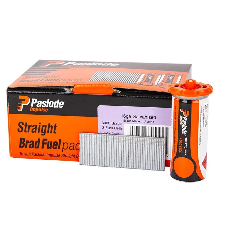 Paslode Impulse C Series 16g Straight Brad & Fuel Pack - Zinc Plated - 32mm - 3000 Nails / 3 Fuel Cells, Roofing Sheets - Construction Supplies Australia