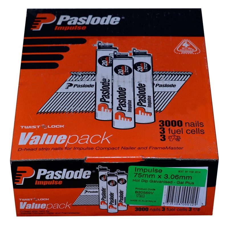 Paslode Impulse D-Head Framing Nail & Fuel Pack - Hot Dipped Galvanised - 75 X 3.06mm - 3000 Nails / 3 Fuel Cells, Roofing Sheets - Construction Supplies Australia