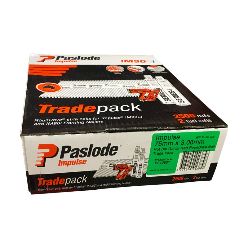 Framing Nail Smooth Im90i Series Round Drive Diamond Point Hot Dipped Galv Impulse Trade Pack Box Of 2500 With 2 Fuel Cells - 75 x 3.06mm, Roofing Sheets - Construction Supplies Australia
