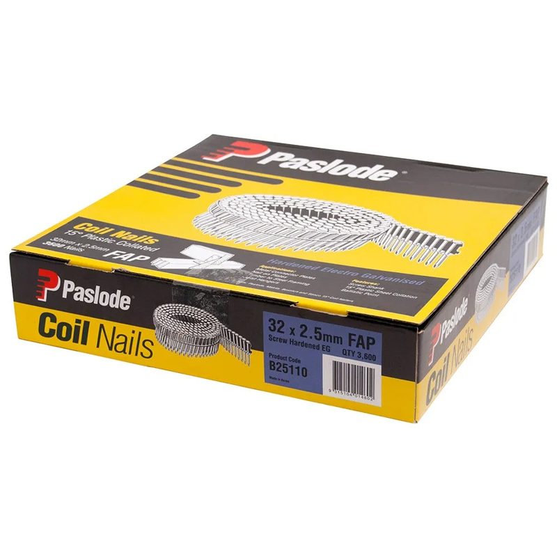 Paslode Plastic Collated Coil Nail - Screw Shank - Hardened Electro Galvanised - 32 X 2.5mm - 3600 Pack, Roofing Sheets - Construction Supplies Australia