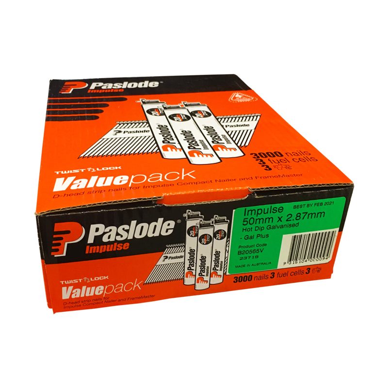 Framing Nail Smooth D-Head Diamond Point Hot Dipped Galv Impulse Value Pack Box Of 3,000 With 3 Fuel Cells - 50 x 2.87mm, Fasteners & Fixings - Construction Supplies Australia