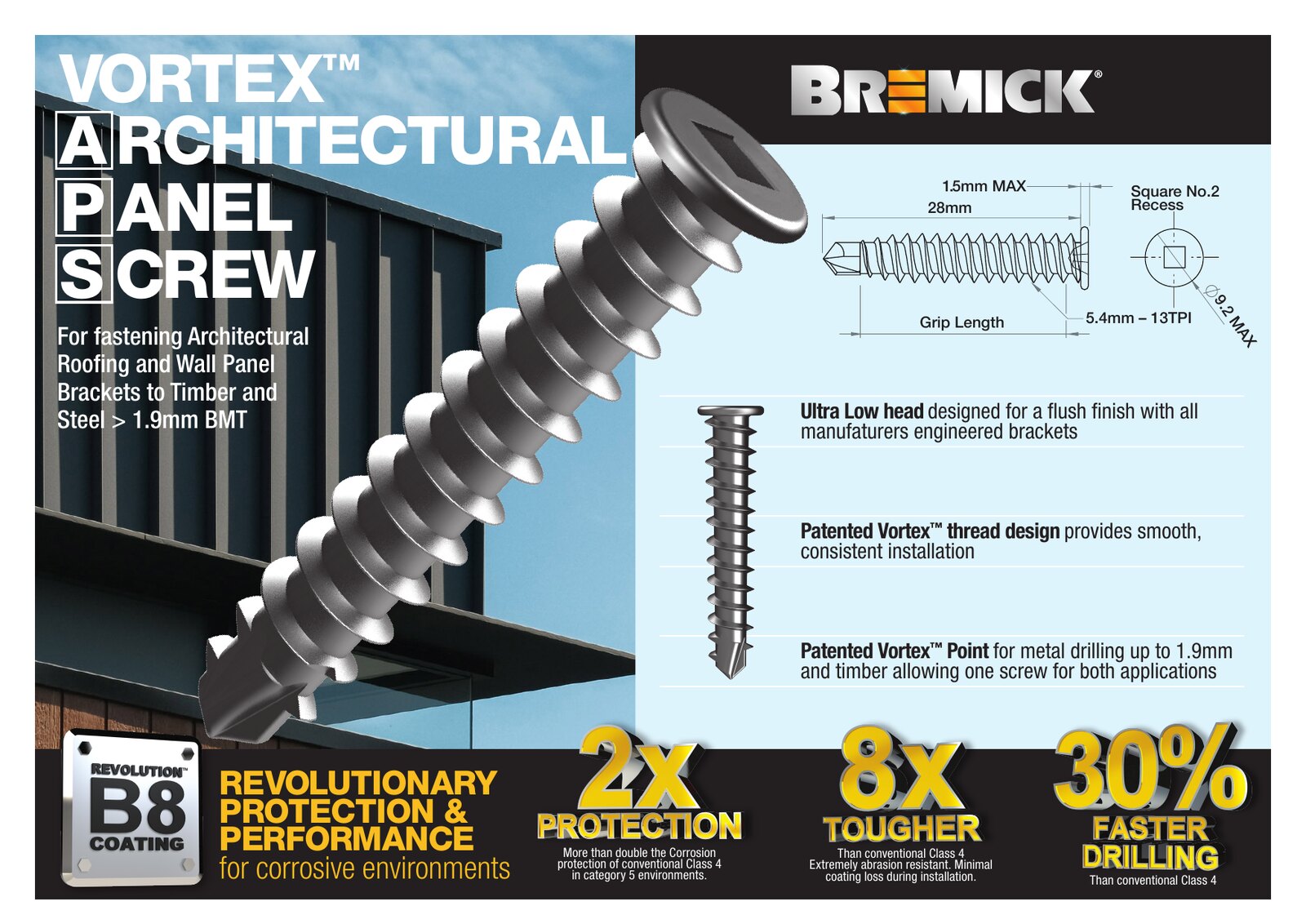 VORTEX APS Ultra Low Screw M5.4 -13 x 28mm SQUARE Drive - 1000 pack, Screws - Construction Supplies Australia